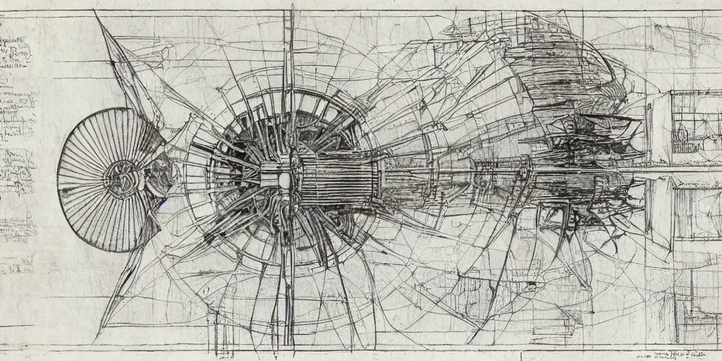 Image similar to leonardo da vinci color intricate full page scan blueprint of an environmental turbine machine, on paper, black ball pen style, :: ultra-detailed technical precision :: mixed media with white and silver lines, realistic composition, point of interest at golden ratio, light from right, more darkness on the bottom, monumentally art composition, high quality of sketching with subtle hairlines, highly detailed rounded forms, inside out and outside in, octane render