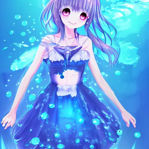 Image similar to advanced digital art a very cute anime girl wearing a dress made of water turning into mist standing in a crystal lake full body WLOP RossDraws Totorl Sakimimichan