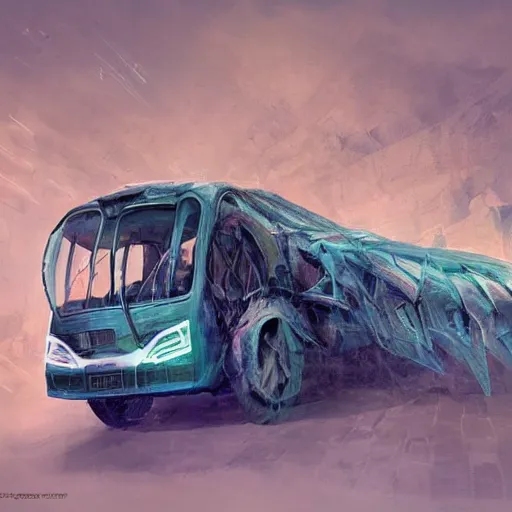 Prompt: Transformer hybrid of bus and wolf, having cabin if form of wolf head with big yellow eyes looking at us full of rage and long mechanical body - it is bus with wheels and windows, mechanical form of life, oil on canvas, fantasy, magic, dream, digital painting, concept art, smooth, sharp focus, illustration, artstation trending, octane render, unreal engine, anime style, cyberpunk