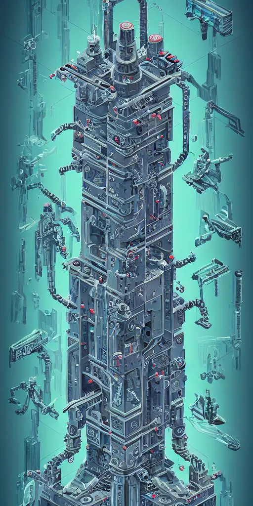 Prompt: isometric anatomy of the terminator, robot, cyborg, t100, diagrams, mystical, intricate ornamental tower floral flourishes, technology meets fantasy, map, infographic, concept art, art station, style of monument valley, giger, wes anderson