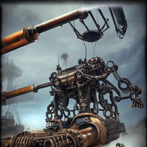 Image similar to colossal steampunk mech with blue piping enveloping its entirety, 4 k photorealism, trending on artstation, 4 k quality