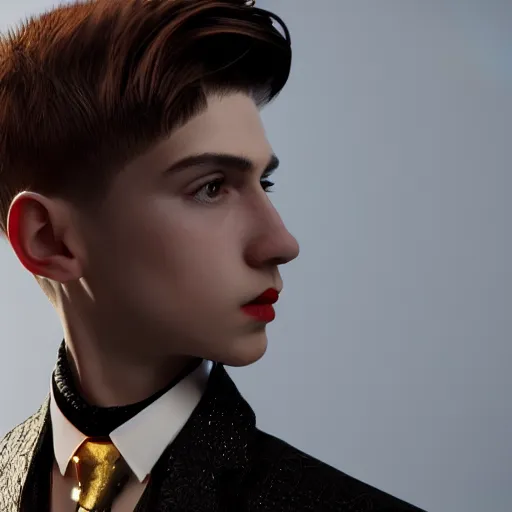 Image similar to innovative avant-garde art, deco fashion, young boy with sharp jawline, royal theme, highly detailed, photorealistic portrait, crisp quality and light reflections, unreal engine 5 quality render