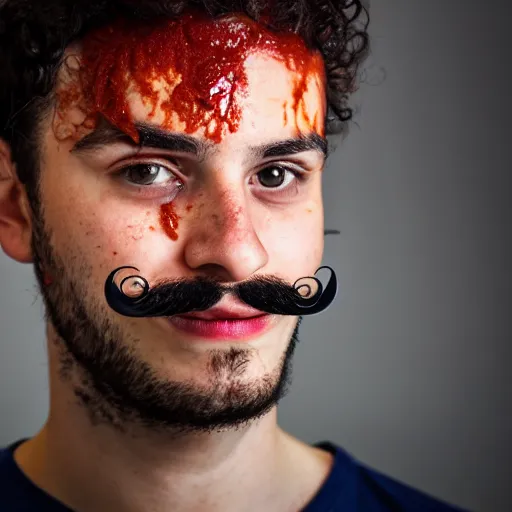 Image similar to Young Italian man with curly hair, moustache and a short beard covered in pizza sauce. Sigma 85mm f_1.4, 4k, portrait photography