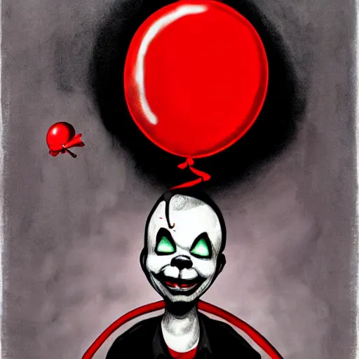 Image similar to grunge cartoon painting of kanye with a wide smile and a red balloon by chris leib, loony toons style, pennywise style, corpse bride style, horror theme, detailed, elegant, intricate