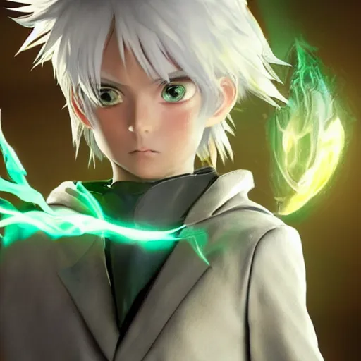 Image similar to a white haired green eyes boy casting a spell. character design. intricate. gesture drawing. line of action. official art, unreal engine 5, unreal engine. tetsuya nomura. medium shot. ray tracing hdr. 8 k. uhd. sharp focus. highly detailed. masterpiece. anime render. cinematic lighting. lifelike. symmetrical face. beautiful face