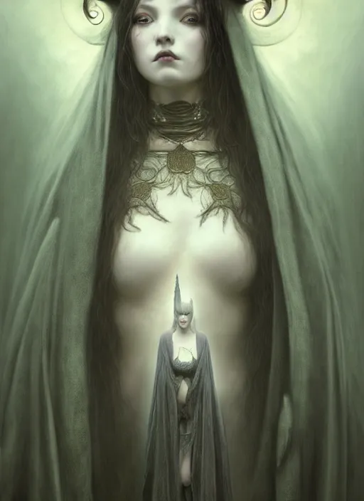 Prompt: masterpiece portrait enchanting gothic witch girl, by artgerm, h. r. giger, edmund leighton, haunting background by zdizslaw beksinski, james jean, elegant ceremonial robe details by gustave klimt, magick, volumetric lighting, porcelain skin, entranced, high detail, hyper photorealism, low angle, trending on artstation 8 k