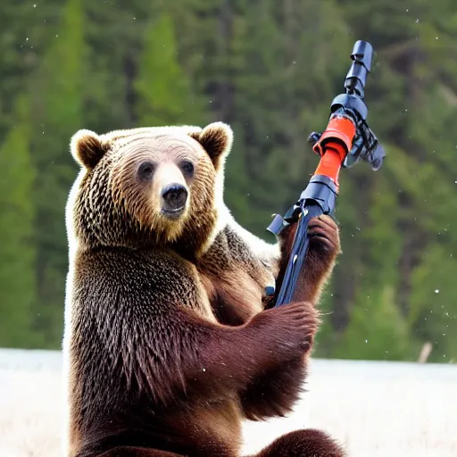 Image similar to grizzly bear holding a mounted minigun