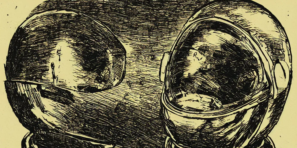 Prompt: portrait of a person wearing a space helmet, in the style of Goya etchings