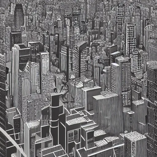 Image similar to Brooklyn skyline painting by MC Escher, realistic, abstract, ambient lighting, atmospherical, stunning visuals, creative, cinematic, ultra detailed, trending on art station, axonometric display