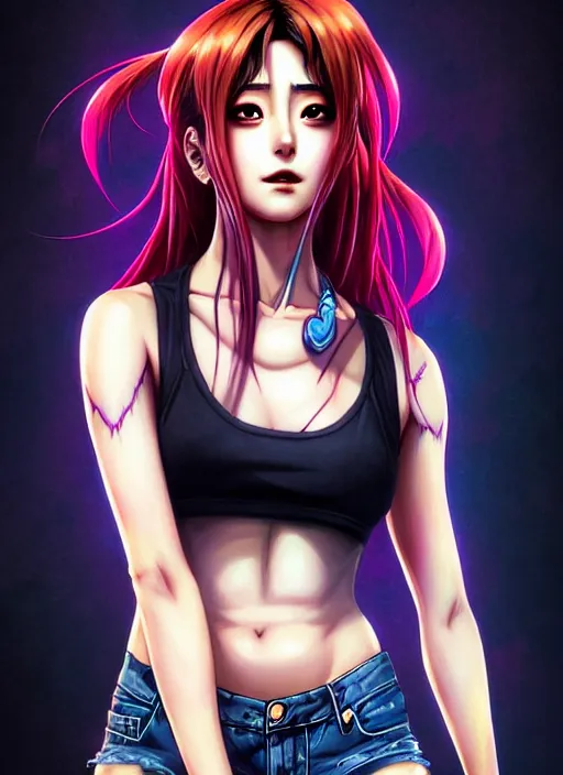 Prompt: a portrait of dilraba dilmurat as revy from black lagoon, smirk, black tank top, jean shorts, symmetrical eyes, symmetrical face, art by lois van baarle and loish and ross tran and rossdraws and sam yang and samdoesarts and artgerm, digital art, intricate, sharp focus, unreal engine 5