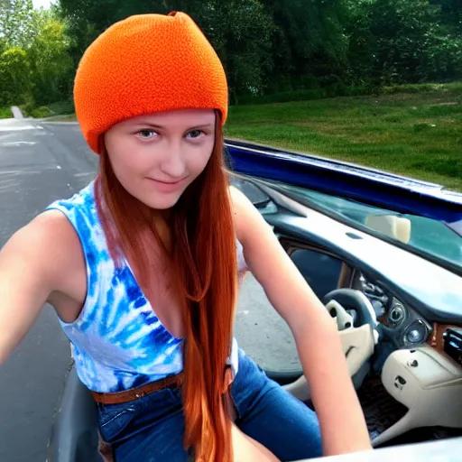 Prompt: girl with chestnut hair lounging in the leather seats of a convertible car wearing an orange beanie and a faded tie-dye sleeveless shirt, selfie, faint smile