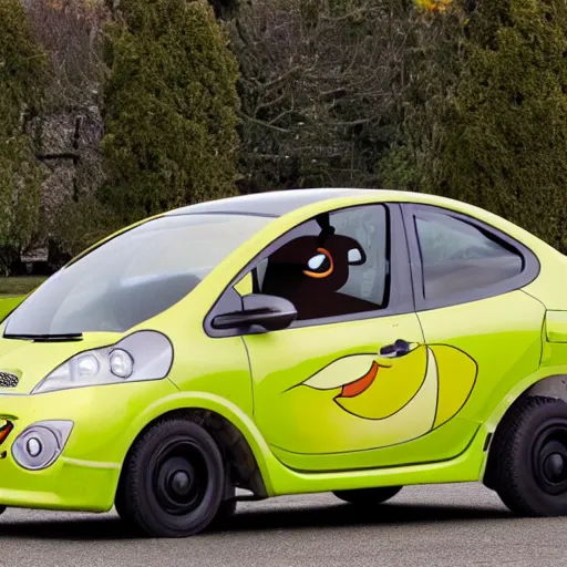 Prompt: a car that looks like a duck, a duck with wheels