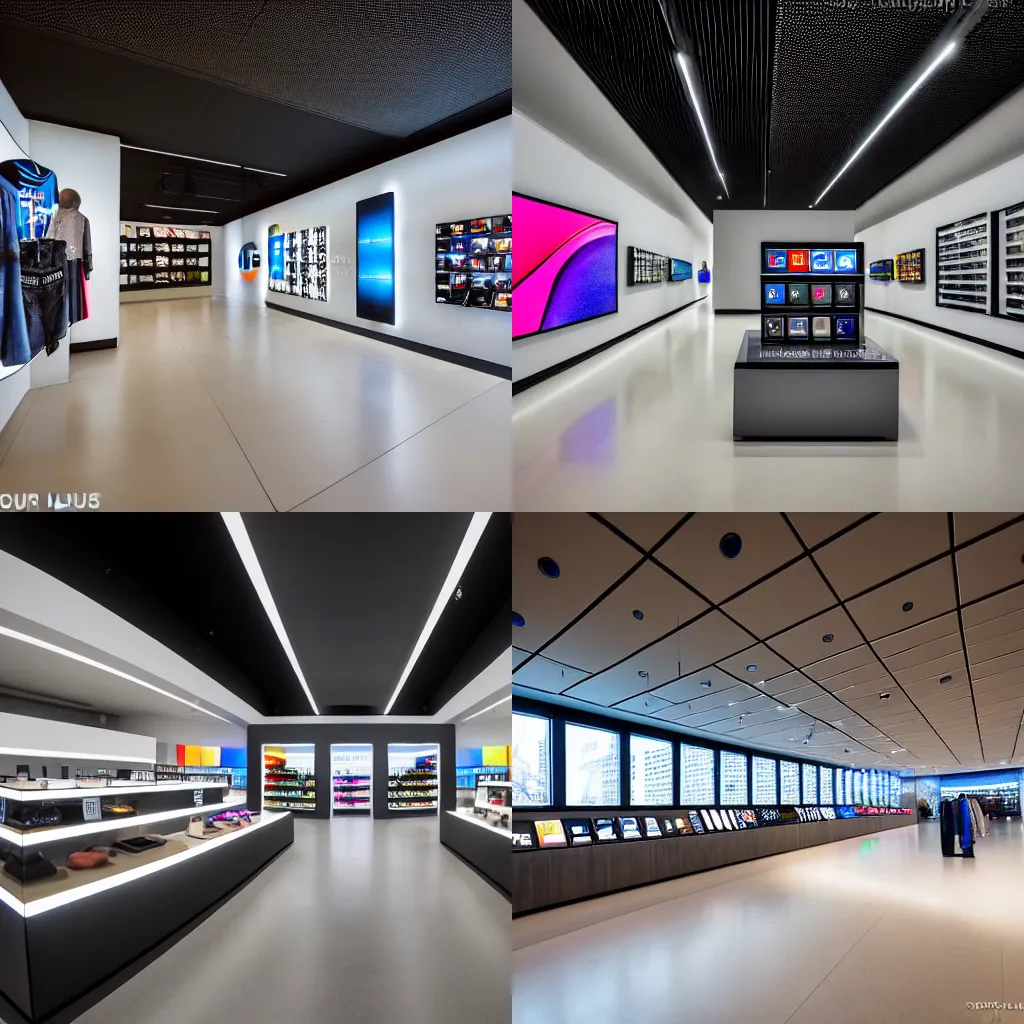 Prompt: (brutalist flagship retail interior Samsung Microsoft Apple) XF IQ4, 14mm, f/1.4, ISO 200, 1/160s, 8K, RAW, unedited, symmetrical balance, architectural photography, in-frame !!!!!!!!!!!!!!!!!!!!!!!!!!!