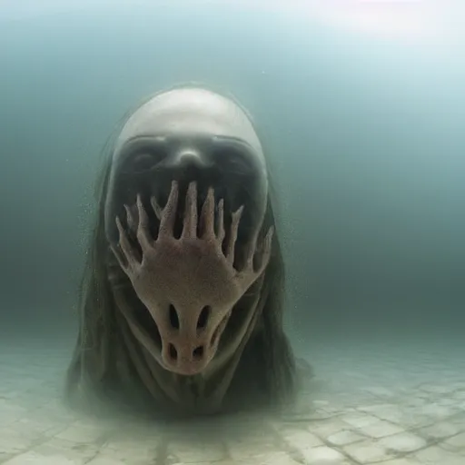 Prompt: sea monster about to eat pov underwater, visceral, unholy abomination, half submerged below eyes, pale skin, dark yellowish water, foggy water, misty, dark, dramatic,'silent hill ', big eyes, terrifying, horrific, cinematic