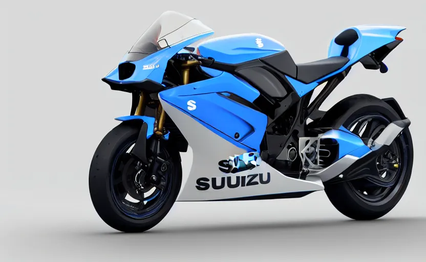 Prompt: suzuki flying prototype, motorbike, superbike, symmetrical mechanical features, designed by polestar, artificial fog, elegant design, aurora lights background, brushed blue paint, black wheel rims, hard surfaces modelling, show room scene, dramatic lighting, hyper realistic rendering, made in solidworks, bokeh effect, 1 5 0 mm, sharp focus, 4 k