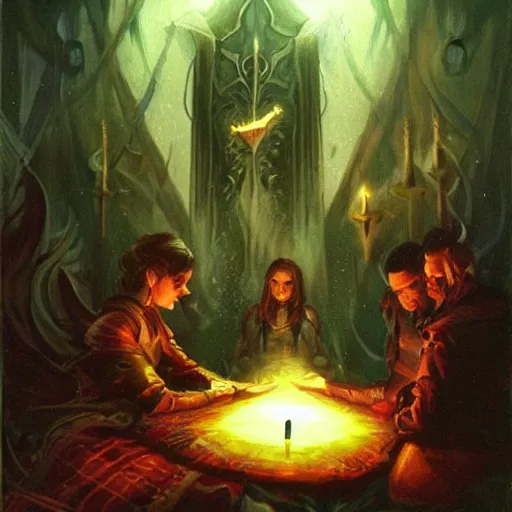 Prompt: a seance in a dark room, fantasy art, magic : the gathering