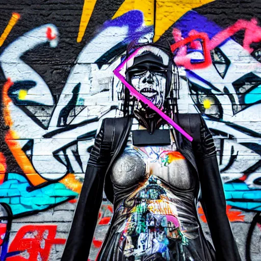 Image similar to high definition photograph shot with canon ef - s 5 5 - 2 5 0 mm f / 4 - 5. 6, low focal point : ( subject = graffiti on a wall + subject detail = queen baroque expressionist cyborg machine goddess, background color splatters, by katsuhiro otomo )