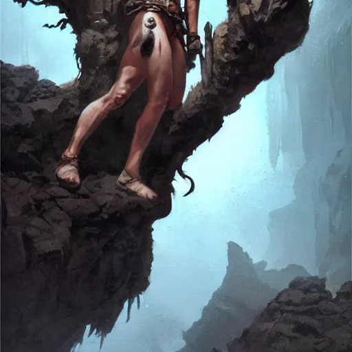 Prompt: a beautiful painting of a lone female barbarian emerging from a cave entrance with one arm raised, cinematic lighting by gerald brom and greg rutkowski,