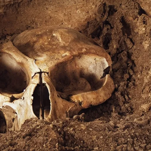 Image similar to Palaeontologists discover giant human skull, partly buried. Award winning photography, National Geographic.