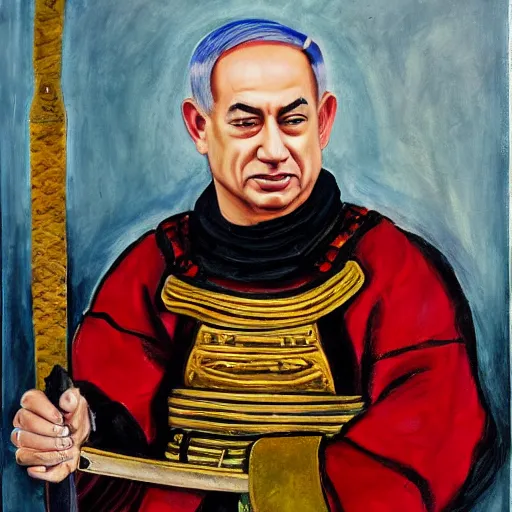 Prompt: benjamin netanyahu dressed in samurai armor, holding a sword, oil painting