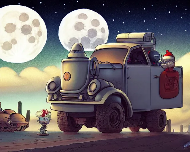 Image similar to a cell shaded cartoon grey mechanized santa, with a big head, on a desert road, wide shot, in front of a big moon, muted colors, post grunge, josan gonzales, wlop, by james jean, victor ngai, hq, deviantart, art by artgem