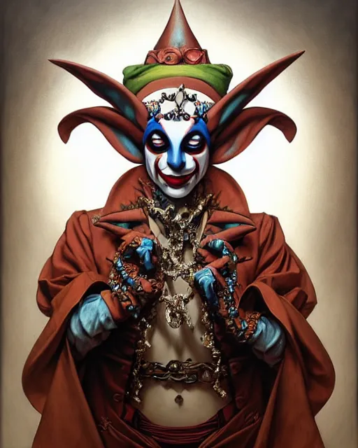 Image similar to front shot of a jester harlequin mastermind character, intricate, elegant, highly detailed, centered, (((artstation, concept art, smooth, sharp focus, artgerm, Tomasz Alen Kopera, Peter Mohrbacher, donato giancola, Joseph Christian Leyendecker, WLOP, Boris Vallejo))), mugshot!!!!!, ugly!!!!!!, octane render, nvidia raytracing demo, grainy, muted