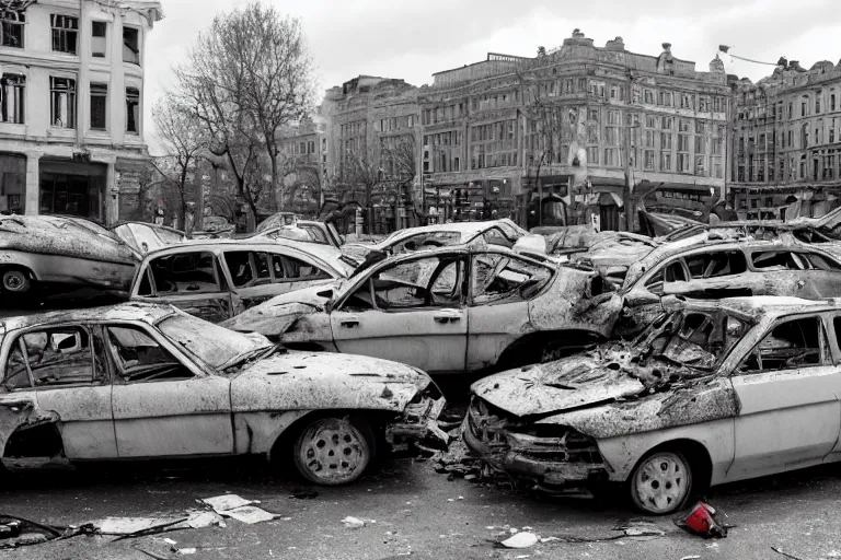 Image similar to pile of wrecked cars in the middle of the square, photo by John Free,