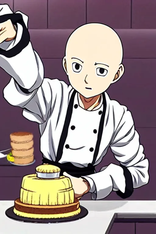 Prompt: chef saitama one punch man, dressed as a pastry chef, making a cake, detailed anime artwork