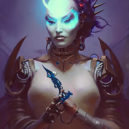 Image similar to a portrait of a nubile cybernetic duchess of hell, cyberpunk concept art by pete mohrbacher and greg rutkowski and wlop and artgerm and josan gonzales, trending on artstation, deviantart, pinterest, unreal engine 5, highly detailed, intricate, sharp focus, digital art, 4 k uhd image