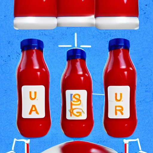 Prompt: ketchup bottle with label with letters on blue background with mars at lower right corner and saturn at upper right corner realistic digital art