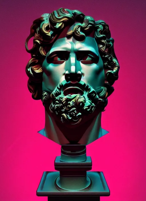 Image similar to bust of hercules, beeple, mike mignola, vaporwave, retrowave, black background, neon wiring, black, glitch, strong contrast, cuts, pinterest, trending on artstation