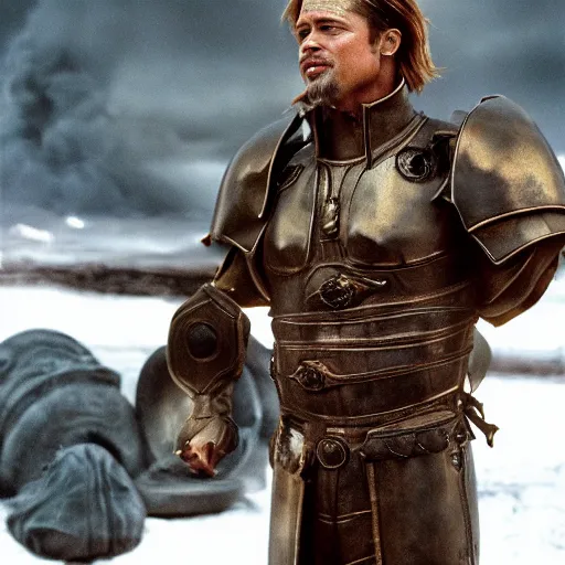 Prompt: Brad Pitt looking menacingly in Harkonnen armor, photo realistic, cinematic, 4k, HDR, ultra high detail, realistic