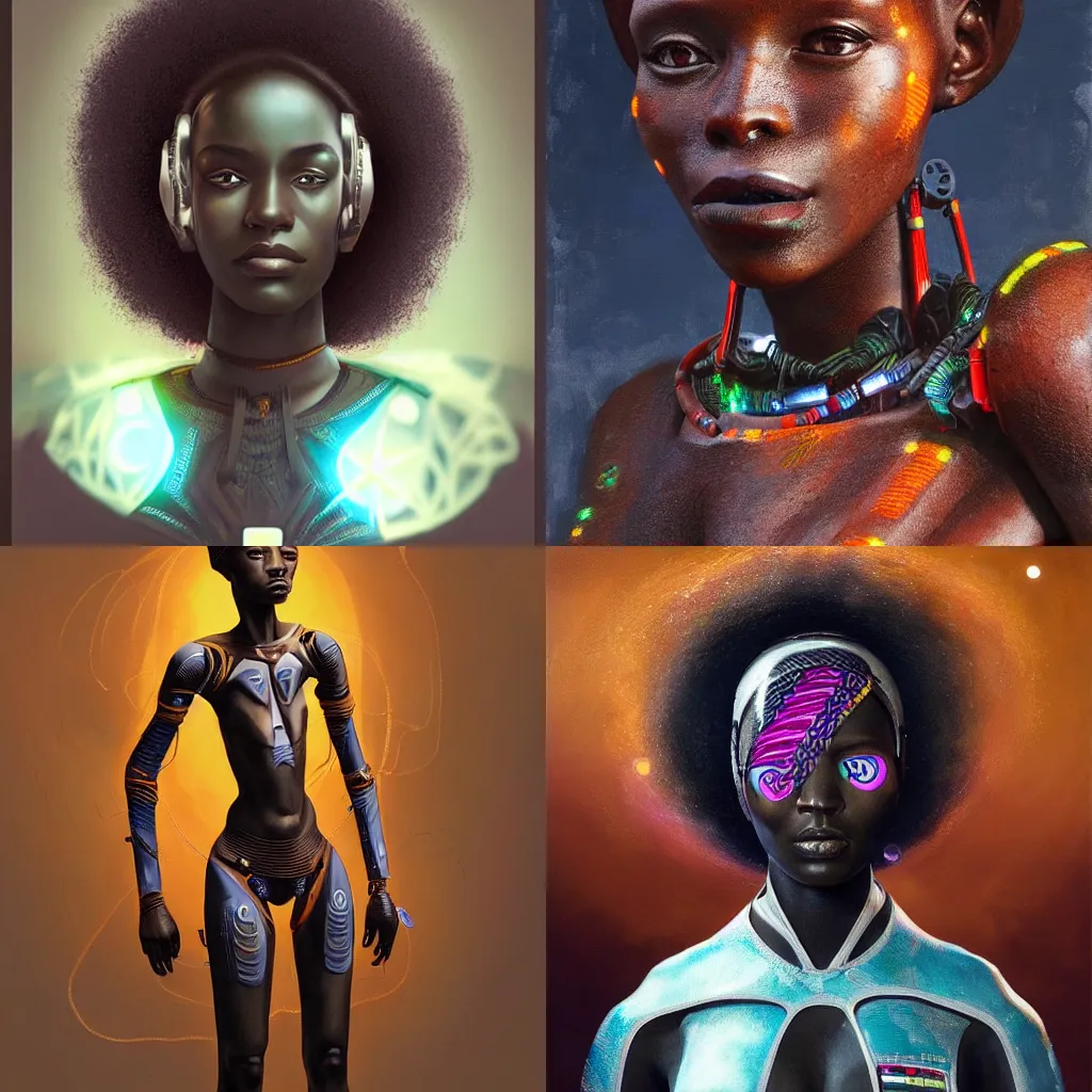 Prompt: beautiful afrofuturistic himba woman, otjize, glowing spacesuit, led details, robotic arms, hyperrealistic, scifi, concept art, oil painting, portrait, dark, muted colors