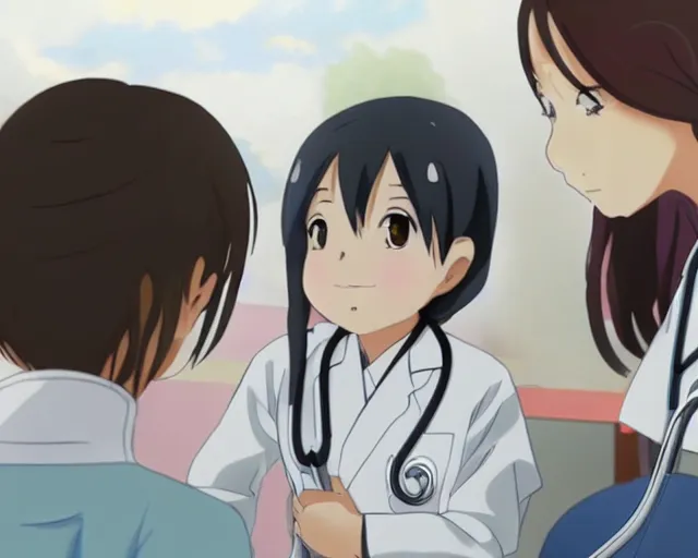 Prompt: a cute young female doctor wearing white coat are talking to a little girl in a hospital, slice of life anime, vivid, anime scenery by Makoto shinkai