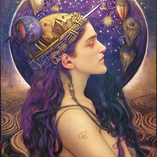 Image similar to queen of the moon with stars in her hair, by annie swynnerton and tino rodriguez and nicholas roerich and jean delville and donato giancola and tom bagshaw and evelyn demorgan and diego rivera, dramatic lighting, god rays, geometric tattoos, rich colors, smooth sharp focus, extremely detailed, adolf wolfli