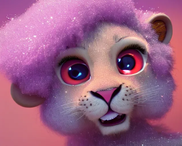 Image similar to a cute baby lion, big eyes, soft fur texture, pastel colours, colorful, glitter crystals, cute, pixar animation style, detailed, soft light, octane render, 4 k,