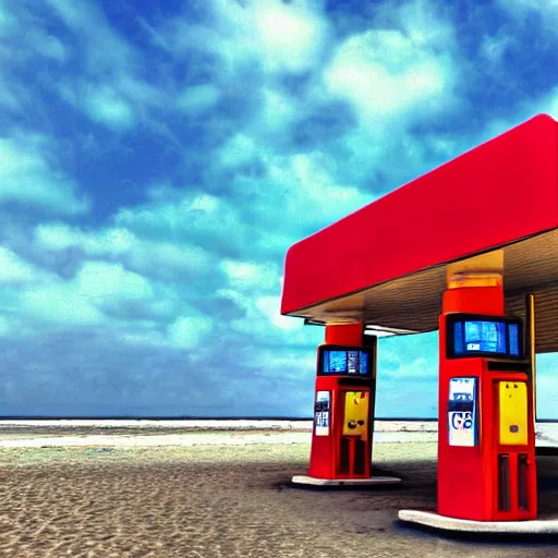 Prompt: blurry vibrant dream like photo of a gas station on a beach at broad daylight taken using dream recording device