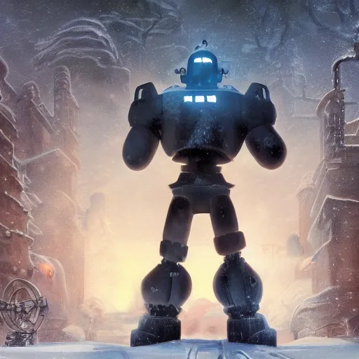 Prompt: the iron giant in war mode standing in the snow, highly detailed, steam punk, midjourney, 70's sci-fi, deep aesthetic, 4k, highly ornate intricate details, rich colors, digital artwork, symmetrical, ray tracing,