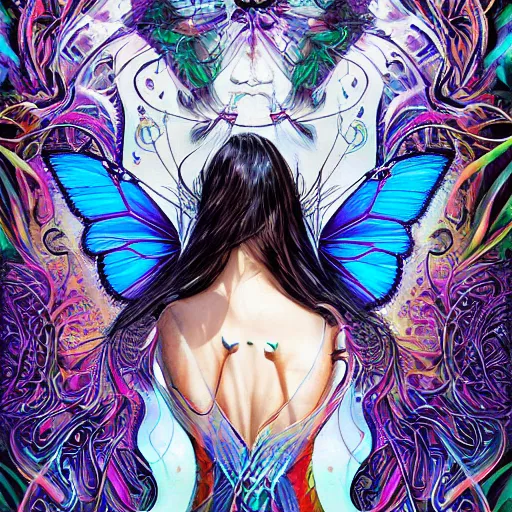 Prompt: butterfly woman neotribal psychedelic by android jones