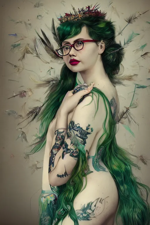 Prompt: a portrait of hannah murray, a gorgeous green haired queen of birds with a tattered dress and glasses, with feather decoration, tattooed pinup, cinematic lighting, photorealistic, octane render, 8 k, depth of field, 3 d, art by artgerm and greg rutkowski and alphonse mucha and uang guangjian and gil elvgren and sachin ten