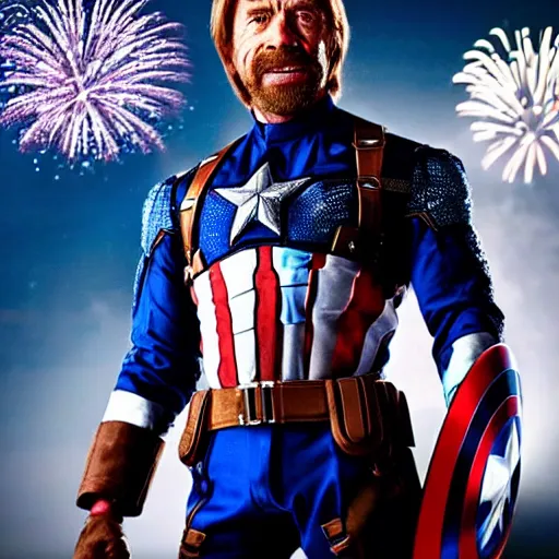 Image similar to uhd hyperdetailed candid photo of cosmic chuck norris dressed as captain america, wearing extremely intricate costume. fireworks in background. photo by annie leibovitz