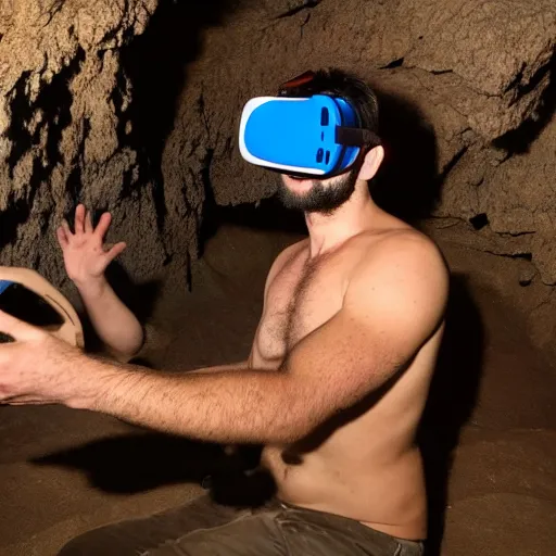 Image similar to a caveman with a vr virtual reality headset in a cave