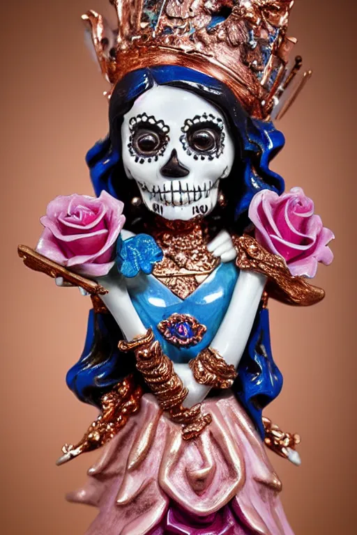 Image similar to an polished texturized sculpture of La Catrina in rose gold and white and blue chinese porcelain by kris kuksi