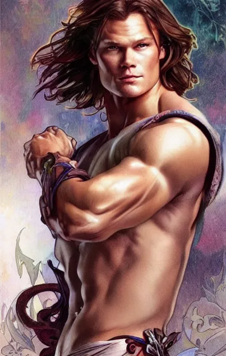 Image similar to pretty muscular sam winchester as a character in romance book art design, character concept, sharp focus!, ultra detailed, art by artgerm alphonse mucha, wlop