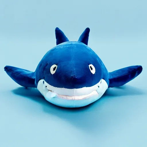 Prompt: beautiful photograph of a cute minimal bright - blue shark plush, advert, magazine, studio