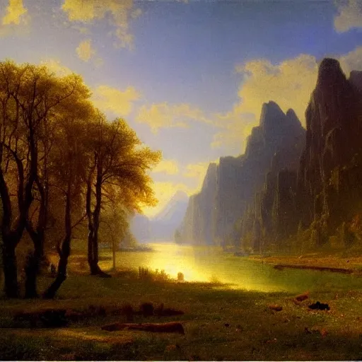 Image similar to scenic landscape of a valley at dawn, Albert Bierstadt, inspiring, realistic painting