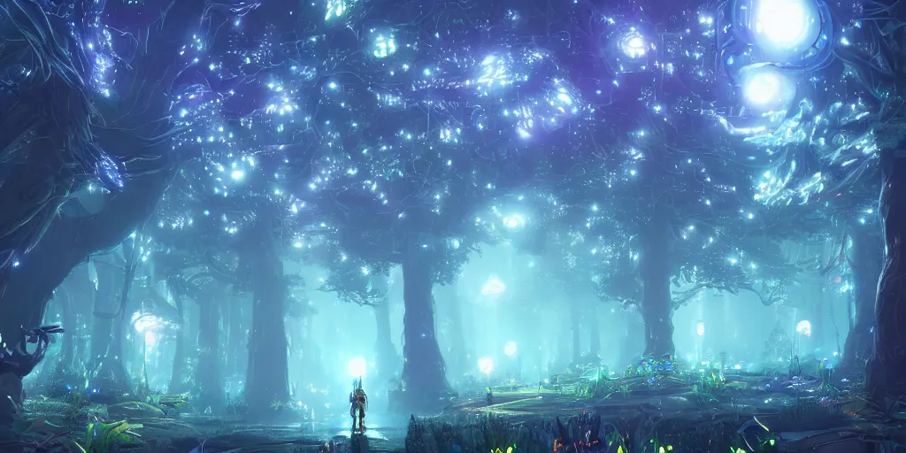 Prompt: huge cybernetic trees and neon cyberpunk lanterns, misty nighttime. radiating rich energy. photorealistic, expansive atmosphere, volumetric shading, holographic, intricate and detailed, vivid colors. aesthetic. ori and the blind forest, breath of the wild style, by miyazaki ghibli!!!. trending on artstation. award winning