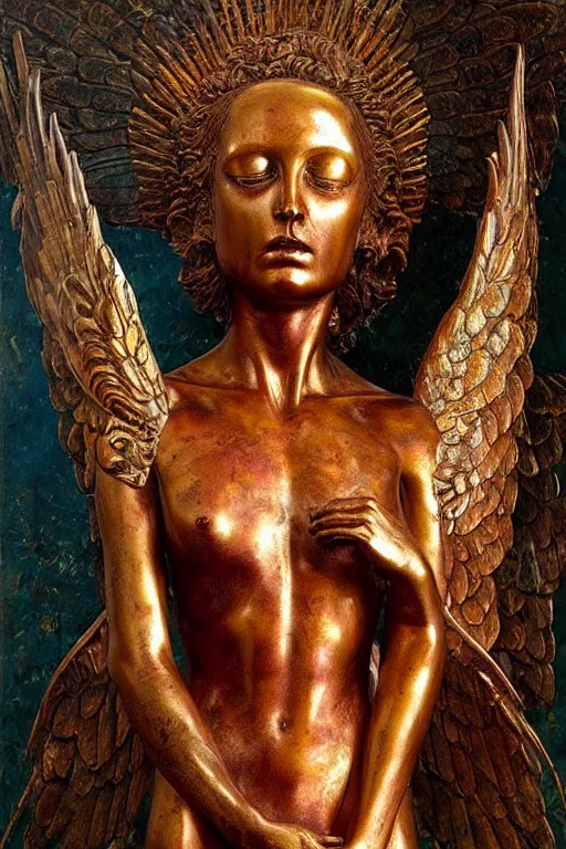 Image similar to realistic detailed statue the holy sacred mechanic angel with stained rust golden wings, body full of scars, made by Karol Bak, Mark Brooks and Bernini. Rich colors. Beksinski and Gerhard Richter painting. Masterpiece