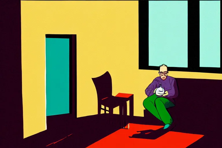 Image similar to old israeli apartment, todd solondz drinking alone, smoking, vaporwave colors, state of melancholy, romantic, dimmed lights, painting by francis bscon