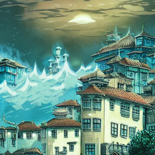 Prompt: spirited away detailed city landscape art by magic the gathering